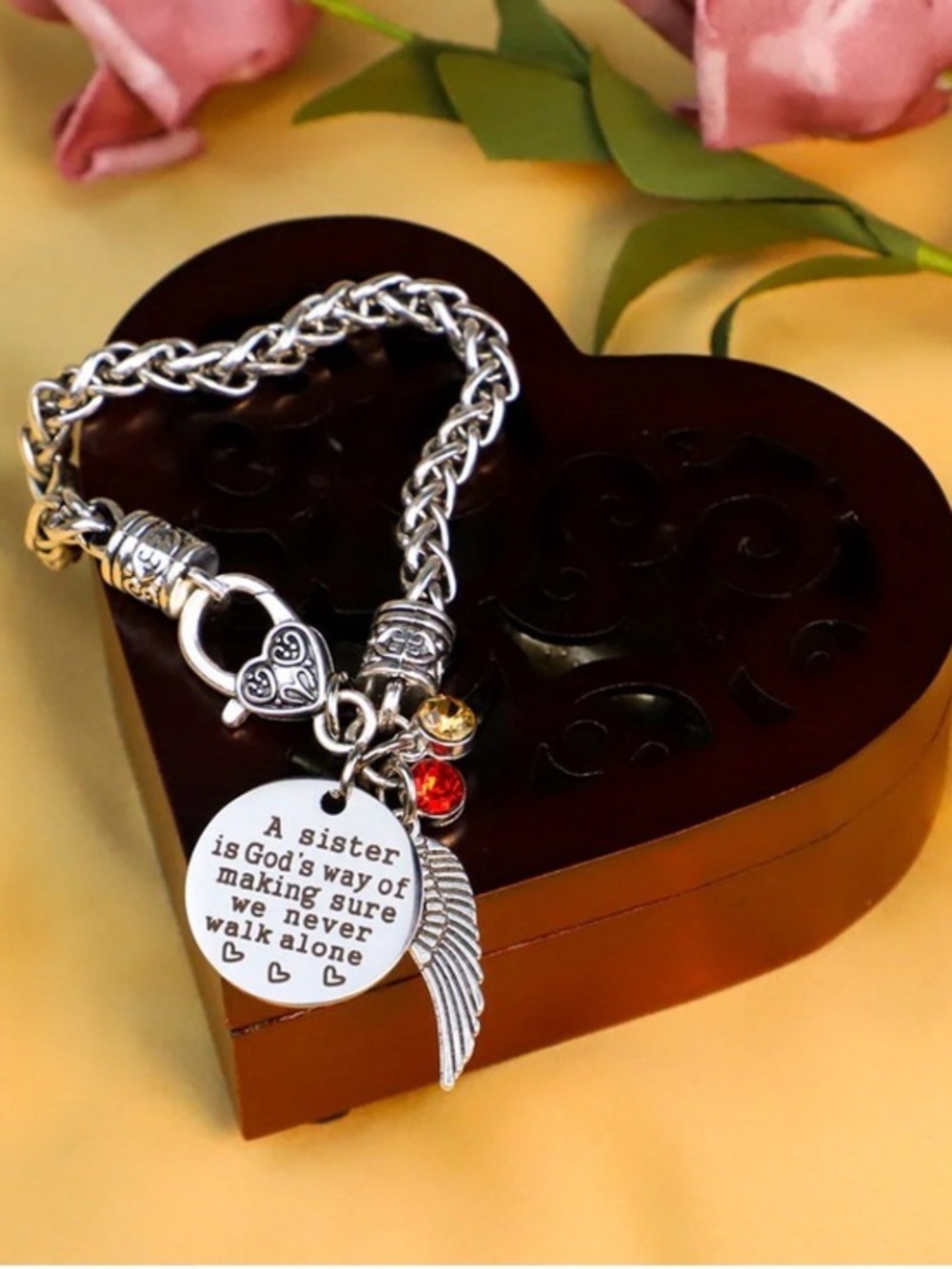Silver Sister Message Charm Bracelet with Wing and Birthstone Accents